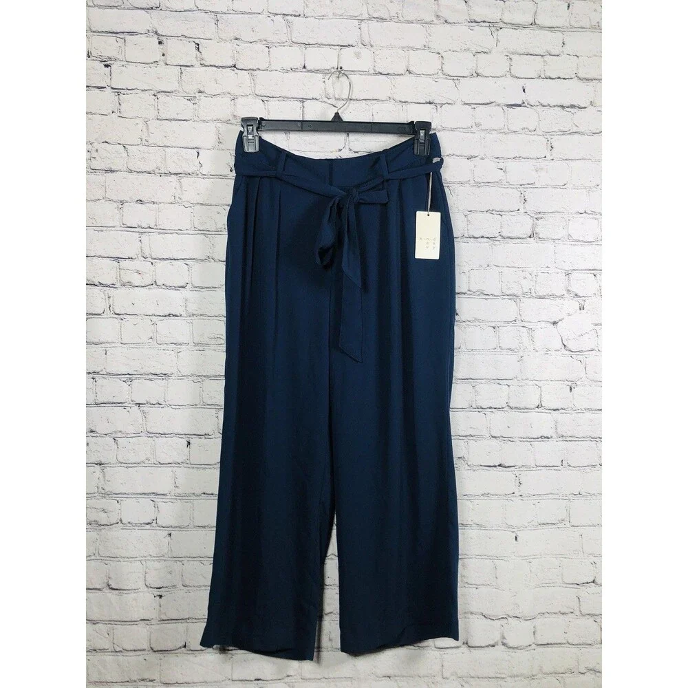 A New Day Women’s Navy Blue Wide Leg Zip Fly Tie Waist  Pockets Crop Pants Sz 10